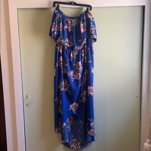 Off shoulder blue floral hi low dress